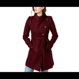 GUESS Asymmetrical Belted Wool Wrap Coat